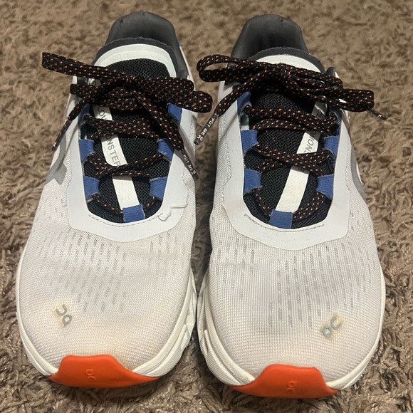 On Cloudmonster running shoe in a white and blue colorway. - Picture 3 of 9